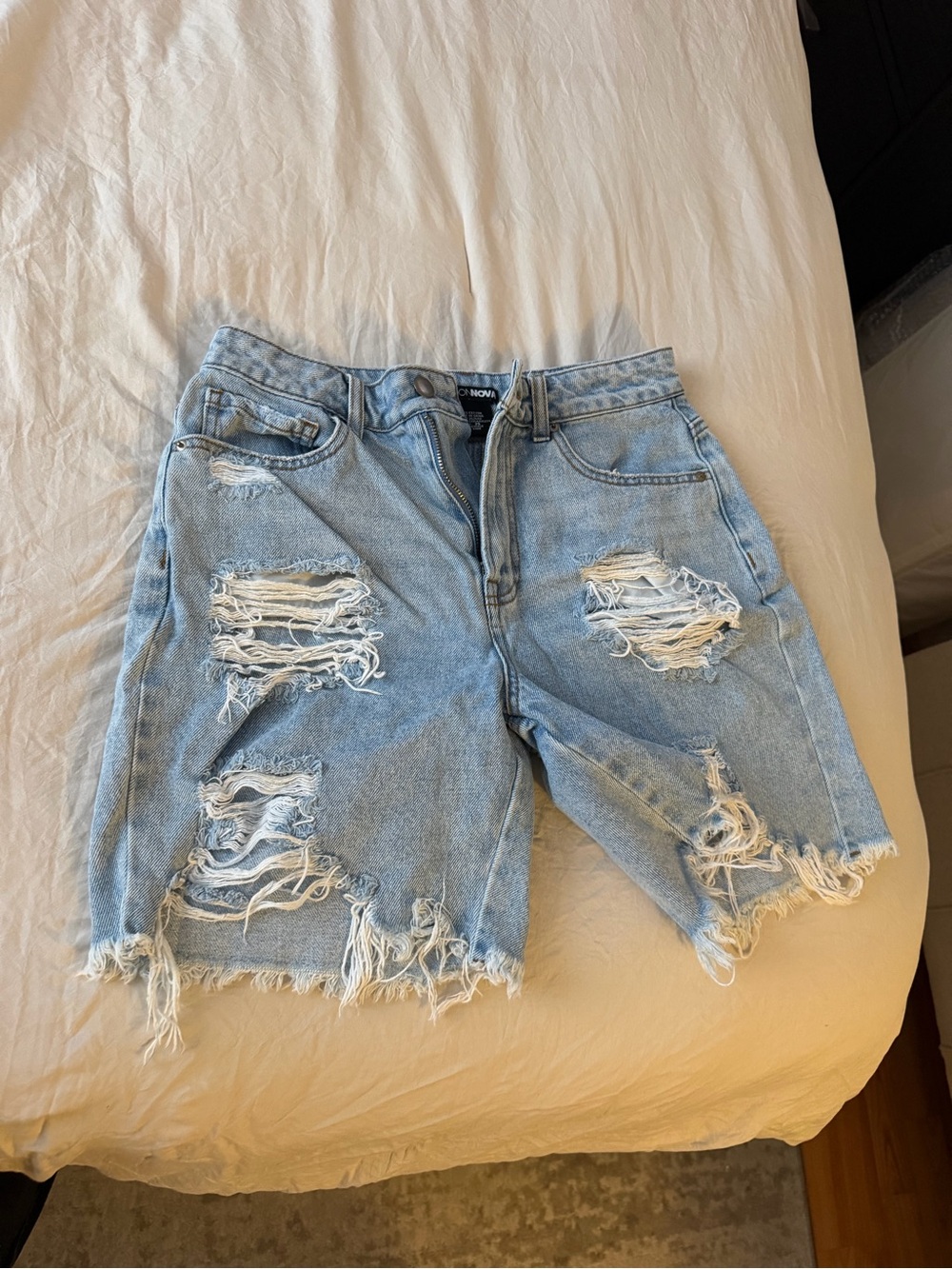 Fashion Nova Light Blue Distressed Denim Bermuda Shorts